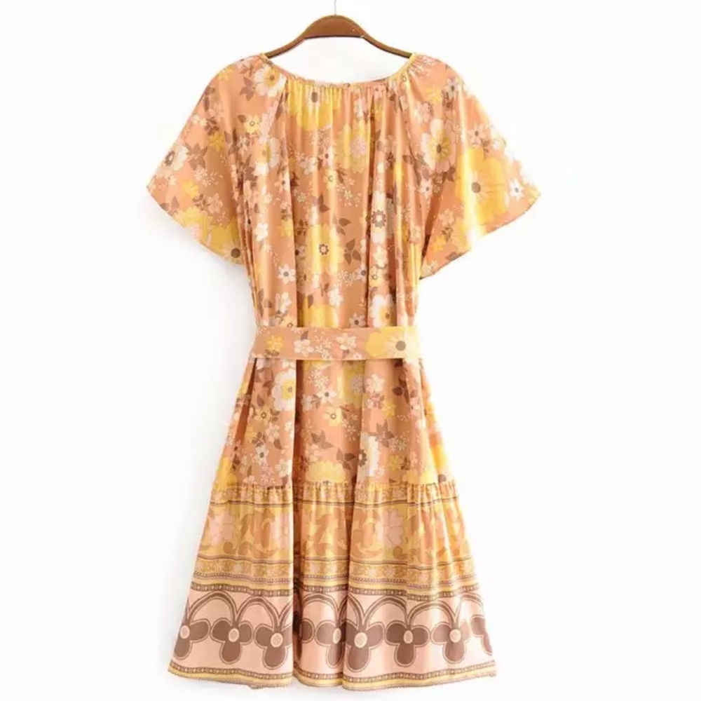 Yellow Tiered Boho Floral Gypsy Print Dress - Picture 7 of 11